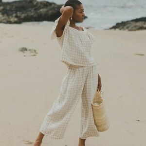 Light Cream Plaid Linen Jumpsuit & Romper Set